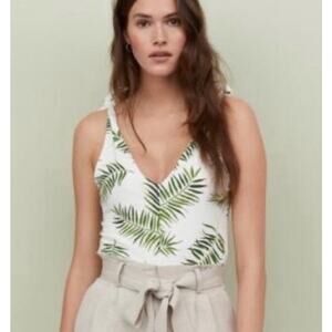 H&M Tropical Palm Leaf Print Knotted Sleeveless Tank Bodysuit XS Green White